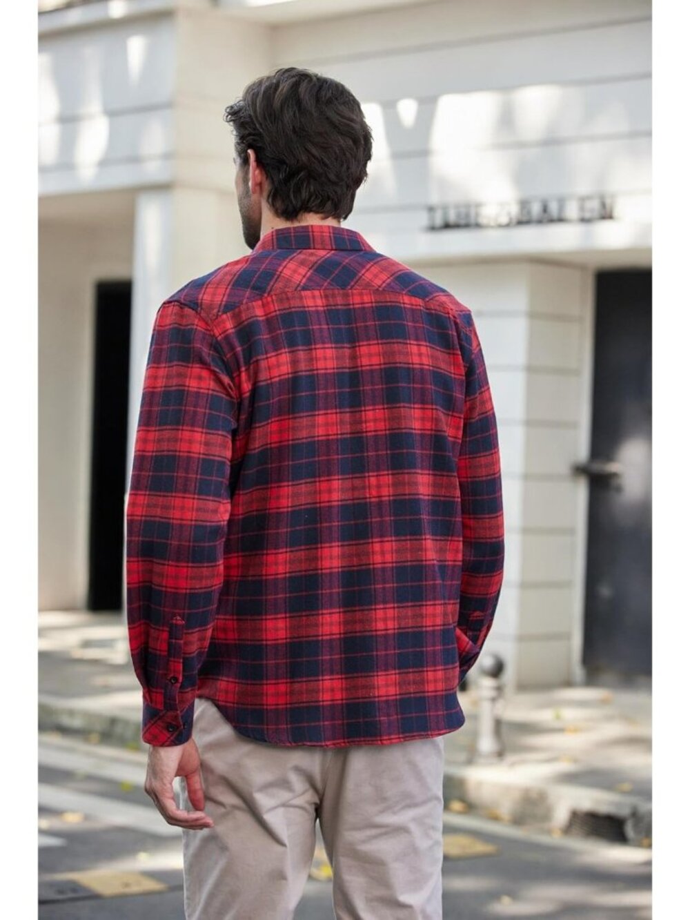 Men's Red Black Polyester Blend Long Sleeve Casual Flannel Button Down Shirt - Picture 4 of 5